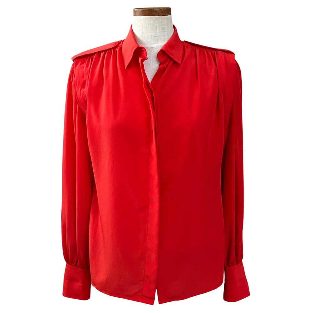 Vintage 80s Pleated Epaulette Secretary Blouse SIZE 8 Regina Porter Red Coquette